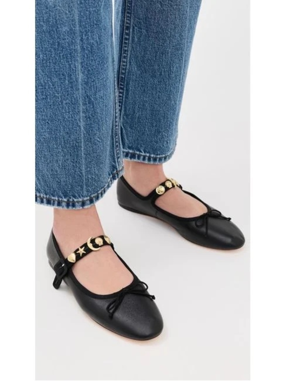 NWT Loeffler Randall Black Chiara Mary Jane Flats with Gold Accents